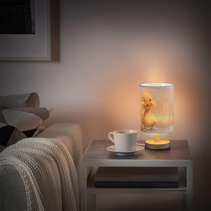 Cute Duckling Farm Animal Duck Table Lamp with Wood Base Fabric Lamp Shade Bedside Nightstand Desk Lamp for Living Room Bedroom Kids Room Office