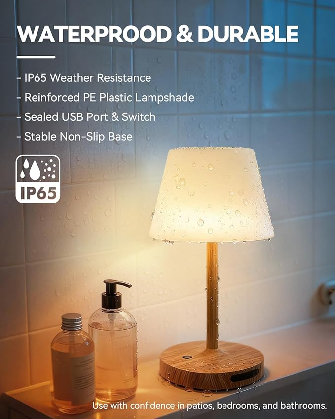 Outdoor Waterproof Shower Lamp, 8000mAh Cordless Rechargeable Table Lamp with Touch Dimming, IP65 Wireless LED Night Light for Patio, Camping, Bathroom, Restaurant & Kitchen