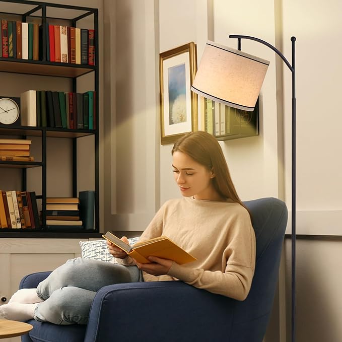 Ambimall 60" Floor Lamps for Living Room with 3 Color Temperatures, Beige Lampshade with Black Stripes, Tall Lamps for Living Room Bedroom Office, 9W Bulb Included