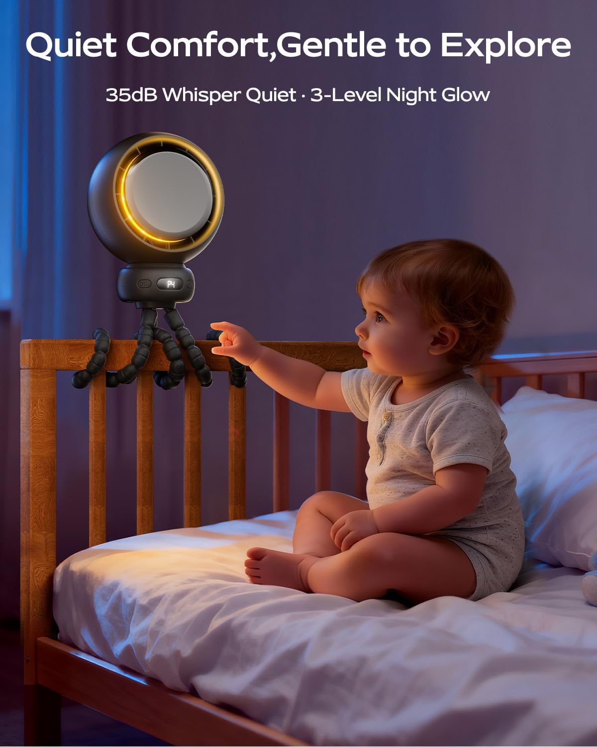 Mini Portable Stroller Fan - USB-C Rechargeable, 60° Auto Oscillation, 4 Speeds, Night Light & Flexible Tripod (Black)