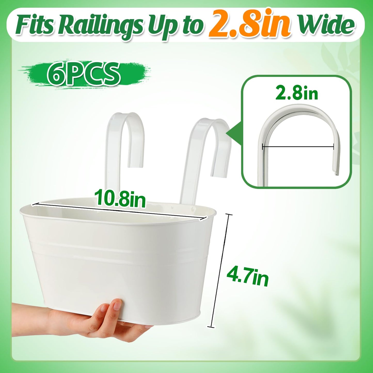 MADHOLLY Railing Planter with Drainage Holes - 6Pcs Sturdy Bucket Pots for Railing Fence, Countryside Style Metal Flower Pots for Herbs Balcony Garden Yard Decor, White