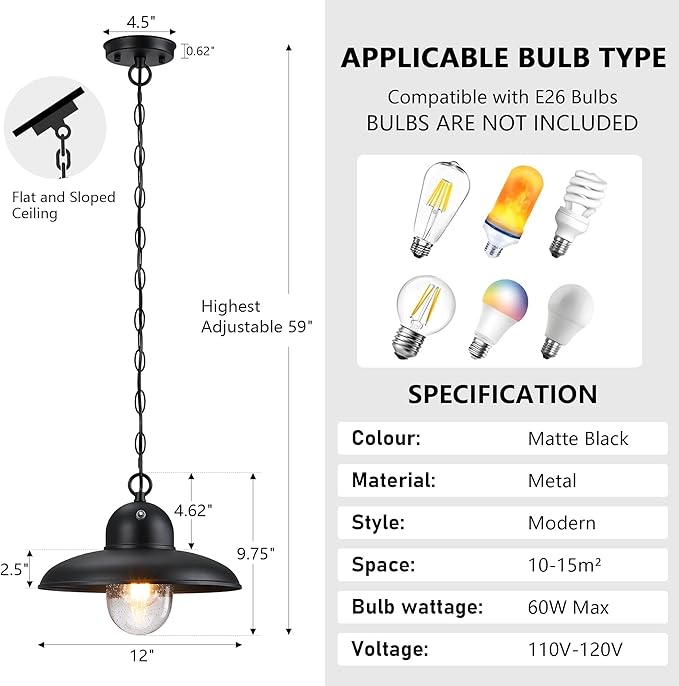 Dusk to Dawn Outdoor Pendant Lights for Porch 12", Outdoor Farmhouse Hanging Light Fixture with Adjustable Chain and Bubble Glass, Black Rustic Exterior Pendant Light for Front Door, Gazebo