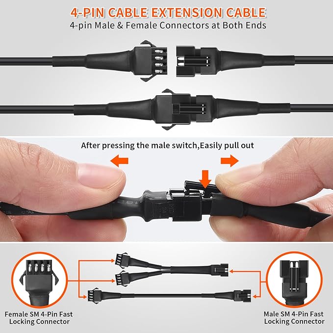 LED Light Extension Wire, 4pcs 3.9ft/47.2 Inch 4 Pin Cable Cords and 2pcs 2-Way Splitters for Motorcycle Underglow Light Kit Extension Cords for Rock Light Kits for Truck Trikes ATVs
