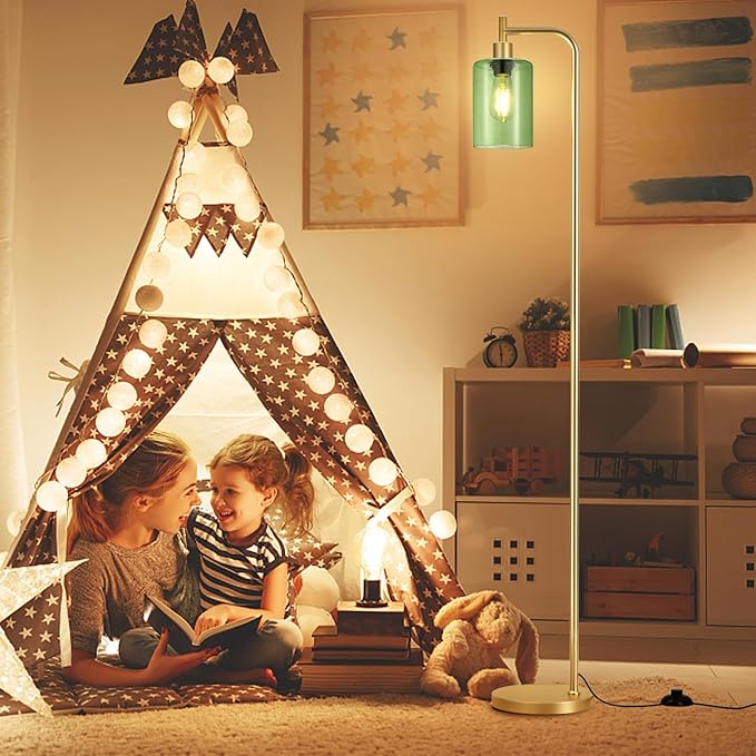 Floor Lamps for Living Room - Industrial Standing Lamp with Green Glass Shade, Modern Gold Floor Lamp with LED Bulbs, Farmhouse Floor Lamp for Bedroom, Tall Lamp for Office
