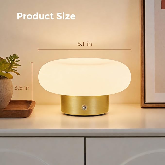 Cordless Table Lamp, Gold Rechargeable Battery Operated Lamp, Stepless Dimming Touch Lamp with Glass Lampshade for Bedroom, Living Room, Dining Table, Nightstand, Shelf Decor