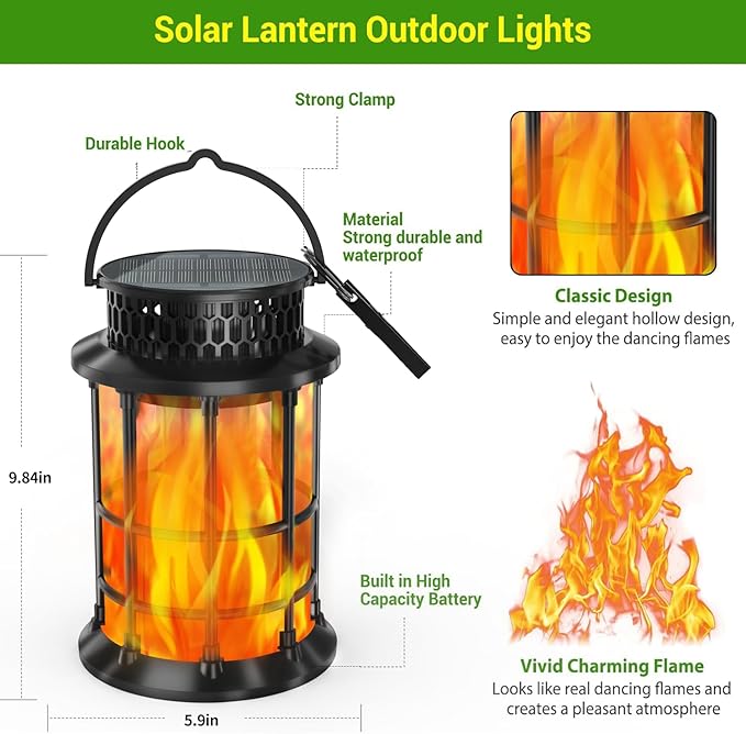 Solar Lanterns Outdoor Waterproof,Upgraded Flickering Flame Lights, Hanging Solar Lanterns Lights, Solar Powered Lights Decorative for Garden Yard Pathway, 1 Pack