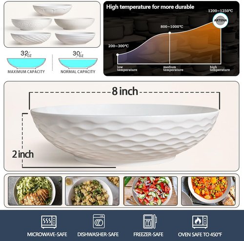 Artena Ceramic Pasta Bowls Set of 4 - 32oz Large Serving Bowls for Soup, Salad & Noodles | 8-Inch, Microwave & Dishwasher Safe