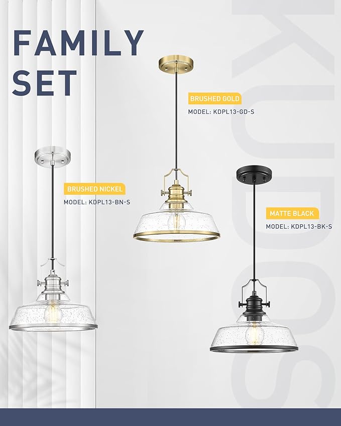 kudos Brushed Nickel Pendant Lights Kitchen Island, Large Pendant Light with Seeded Glass, Industrial Hanging Lighting for Kitchen Sink Dining Room Bathroom,KDPL13-BN-S