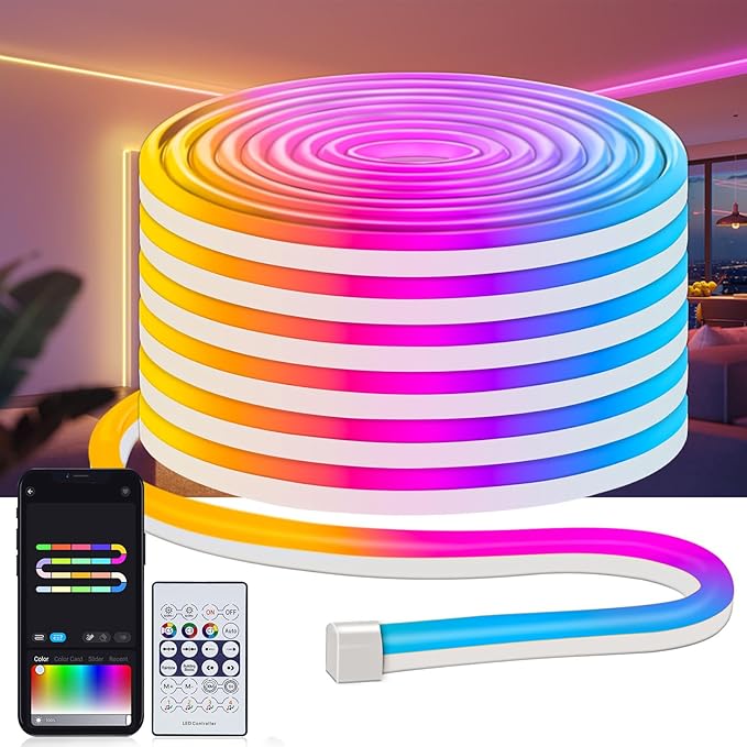 32.8Ft LED Neon Rope Lights, RGB Built in Chip Neon Strip Lights with Remote APP Control, Music Sync 24V IP68 Waterproof Led Neon Lights for Bedroom Outdoor Gaming Room