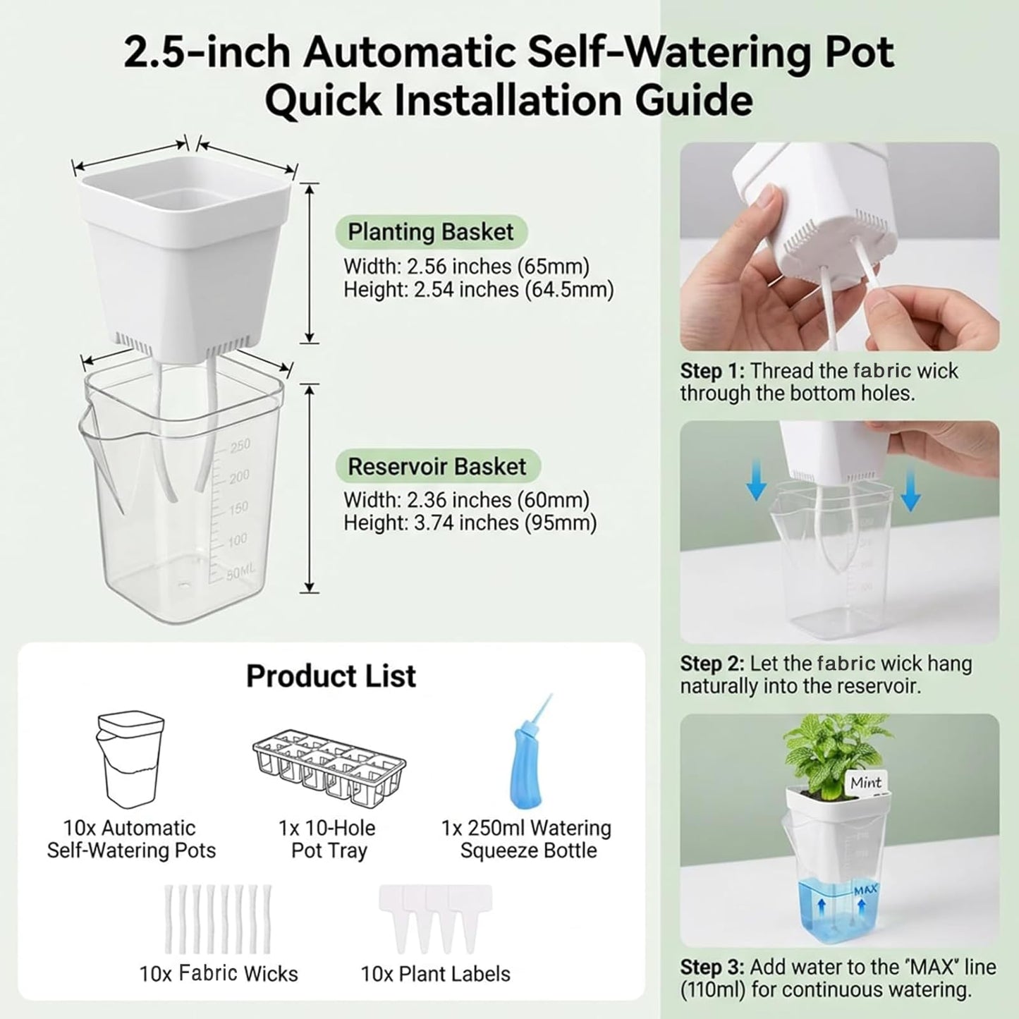 DIGARDPRO 10 Pack 2.5" Self Watering Pots for Indoor Plants with Anti-Tip Tray & Reservoir Refill Bottle, Seed Starter Kit for Seedlings, Cuttings, Succulents, Herbs, 10 Plant Labels