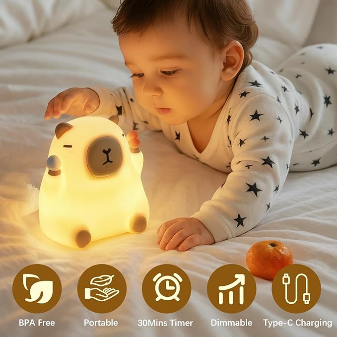 Capybara Night Light for Kids, Capybara Squishy Lamp, 3 Level Dimmable Nursery Nightlight with Timer, Rechargeable Cute Animal Night Light for Baby, Bedroom Decor