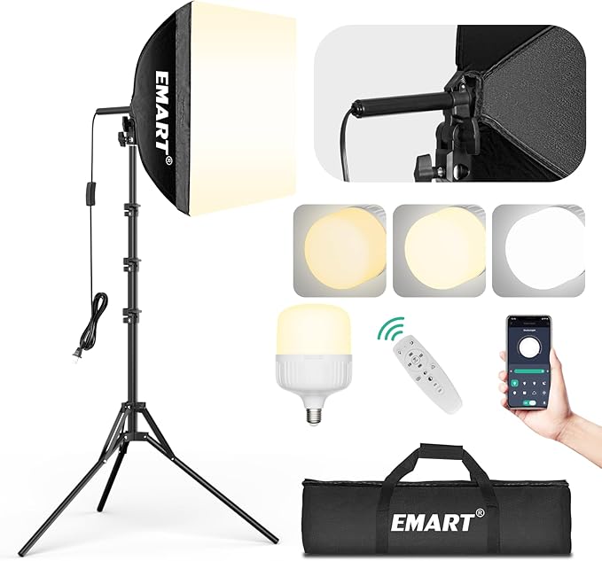 EMART Softbox Photography Lighting Kit, 16"x16" Pull Soft Box, 50W 3000K-6000K LED Bulb with Remote/APP Control, Professional Photoshoot Equipment for Studio Lights, Portrait, Video Recording(1 Pack)