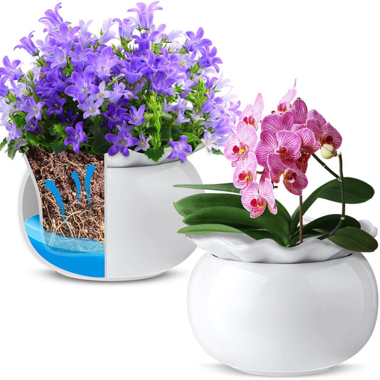 Suclain 2 Pack Ceramic African Violet Pots Self Watering Plant Pot Effortless Self Watering Plant Flower for Busy Lovers, Indoor(White,6 Inch)