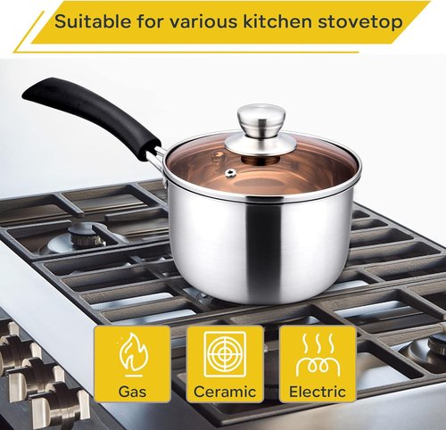 E-far Stainless Steel 1 Quart Saucepan with Glass Lid - Easy Clean & Rust-Free Cooking Pot