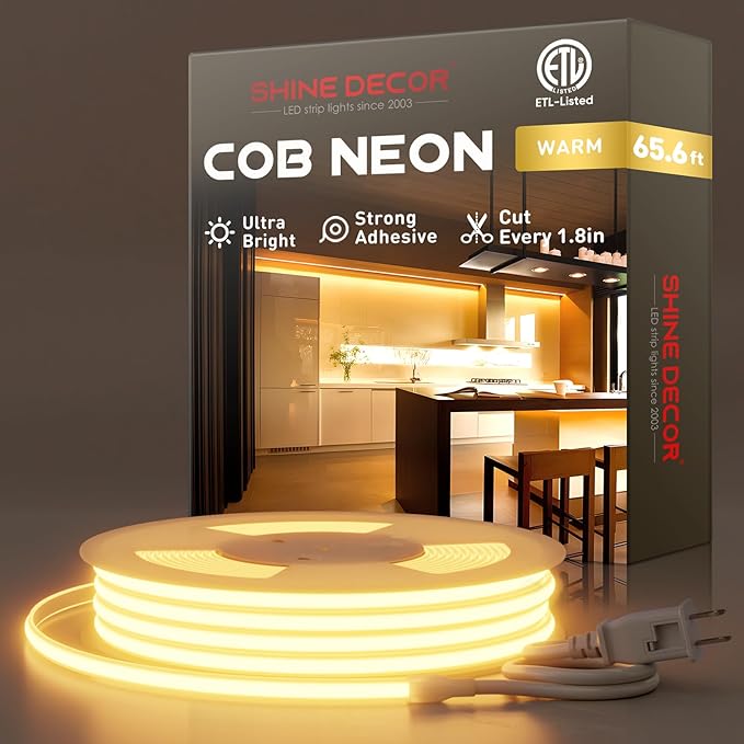Shine Decor COB LED Rope Light AC 120V, 800lm Ultra Bright, IP65 Waterproof Cold-Resistant ETL Neon Strip, No Driver Tape Lighting for Home Commercial 10x4.5mm, 2800K Warm White, 65.6ft