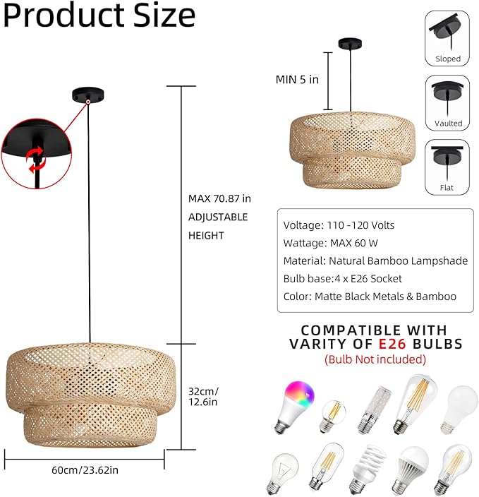23.62" Bamboo Pendant Light,Boho Rattan Hanging Light,Hand Woven Wicker Chandelier for Kitchen Island for Kitchen Island Dining Bedroom Living Room Restaurants