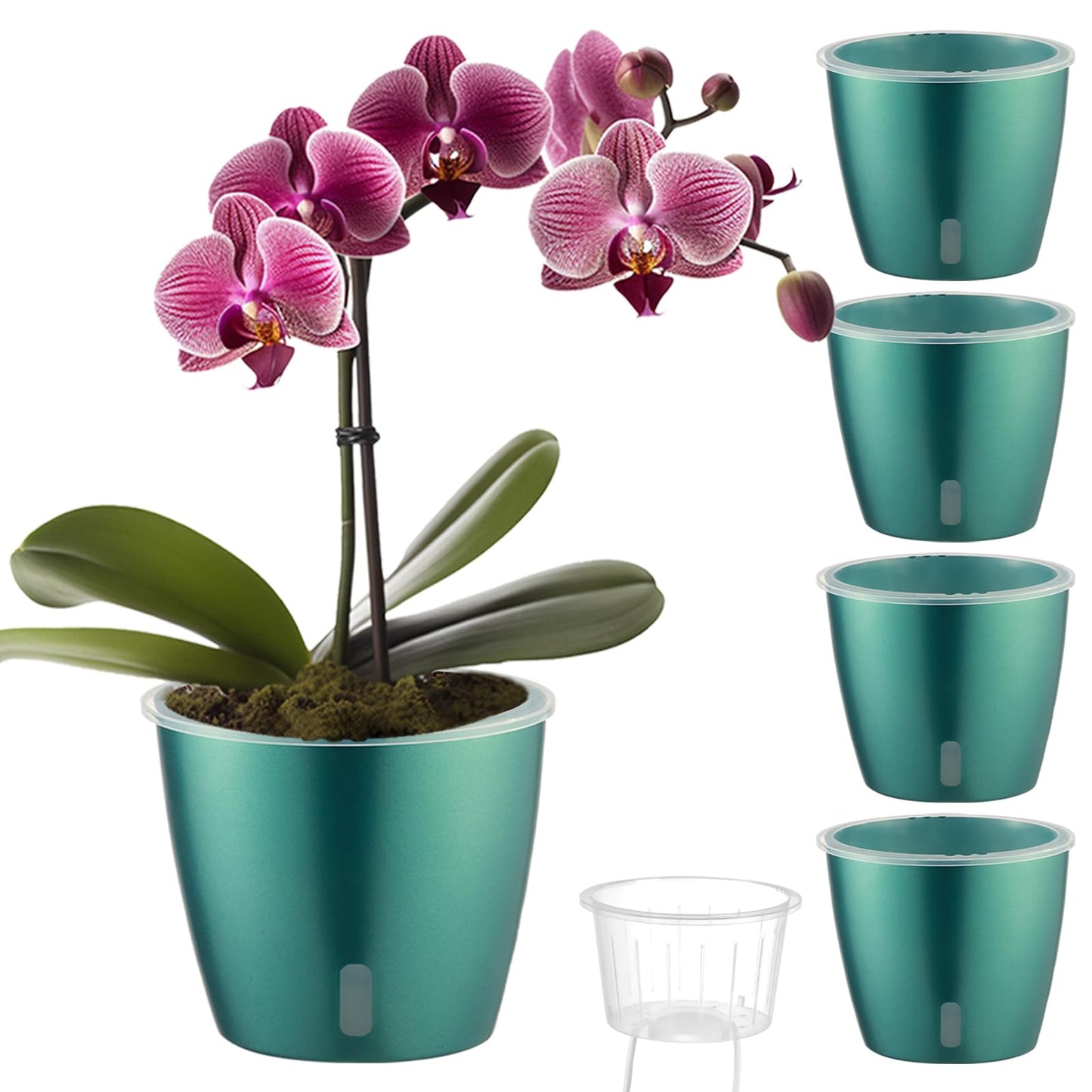 KvyusFlourish Self Watering Pots for Indoor Plants, 4-Pack 6.7'' Self Watering Planter with Drainage Holes, Small African Violet Pots with Water Indicator, Clear Wick Orchid Pot, Blue Gold