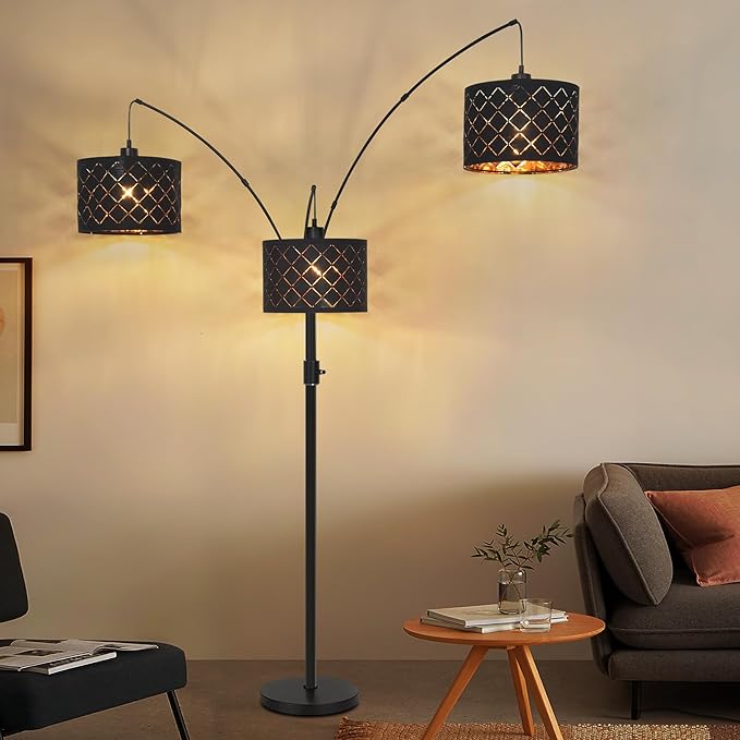 Dimmable Floor Lamp-3 Lights Arc Floor Lamps for Living Room,Modern Tall Standing Lamp with Black Drum Shades,Gothic Mid Century Tree Floor Lamp for Bedroom Corner,3x1000LM LED Bulbs Included