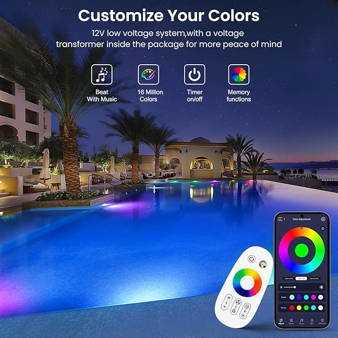 10 Inch Led Pool Lights for Inground Pool, 16 Million RGB Multicolor 12V DC Inground Pool Light, App & Remote Controller, 50 feet Cord,304 Stainless Steel,IP68, Perfect for Pool Parties, Pesorts