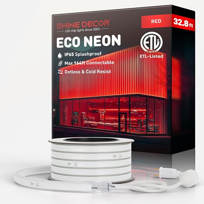 Shine Decor LED Rope Lights AC 120V, Connectable & Cuttable Dotless 120LEDs/M Eco Neon Strip Lighting, ETL IP65 Waterproof & Weather-Resistant for Home Commercial, 8x16mm, Red, 32.8FT