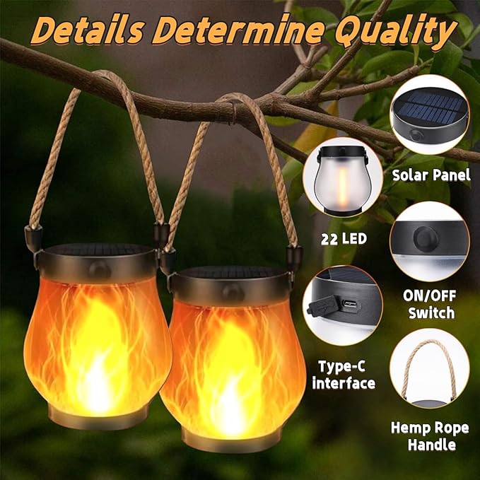 Dancing Flame Solar Lantern Outdoor Lights, Flickering Flame Hanging Lanterns with Magic Flames, Dual Charging (Solar & USB), Waterproof for Garden, Patio, Yard, Pathway (1 PCS)