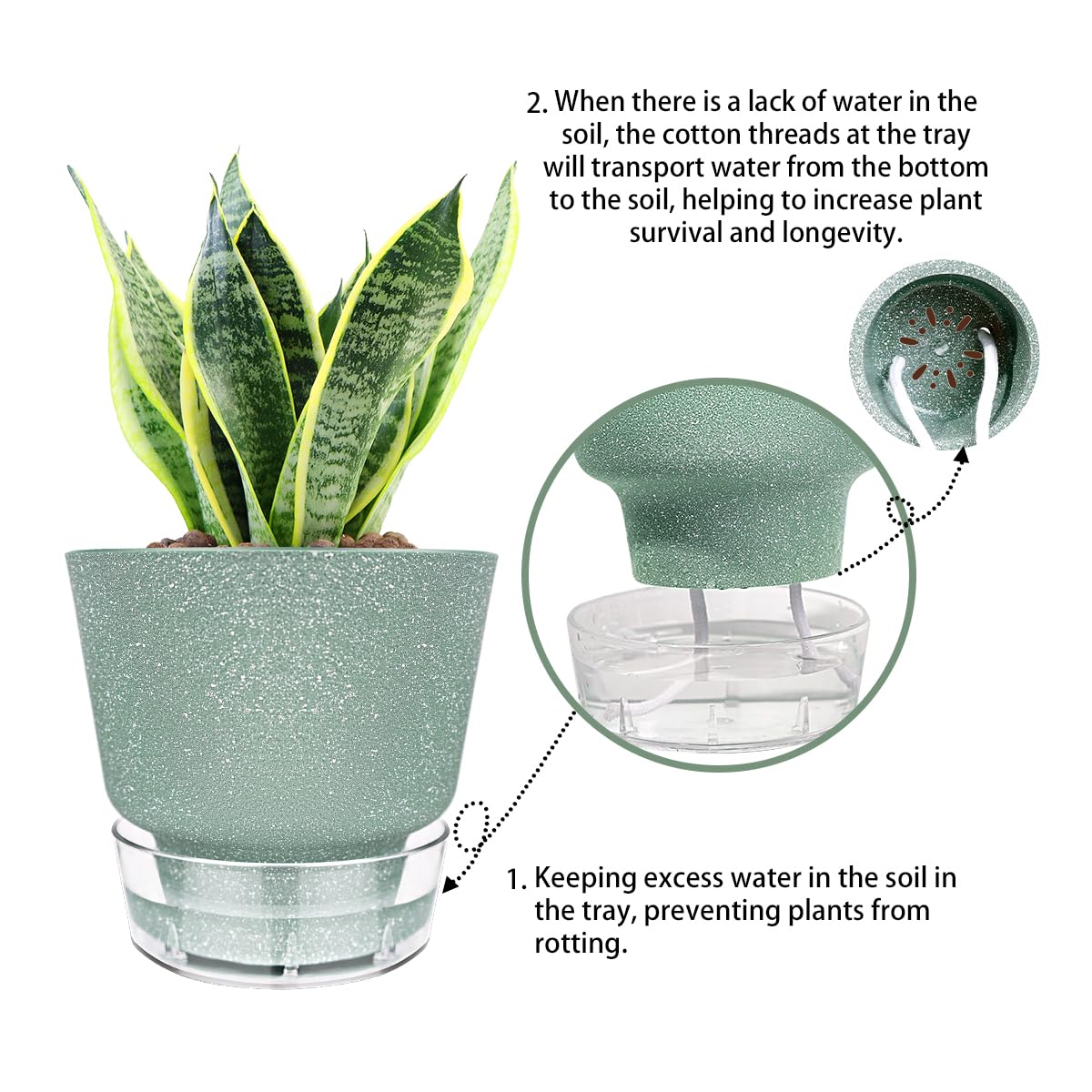 HYNZ 6-Inch Self-Watering Plant Pot with Visual Reservoir and Drainage Hole, Set of 5, Plastic Flower Pots, Planting Pot for Indoor Outdoor Plants (Frosted Mixed Color)