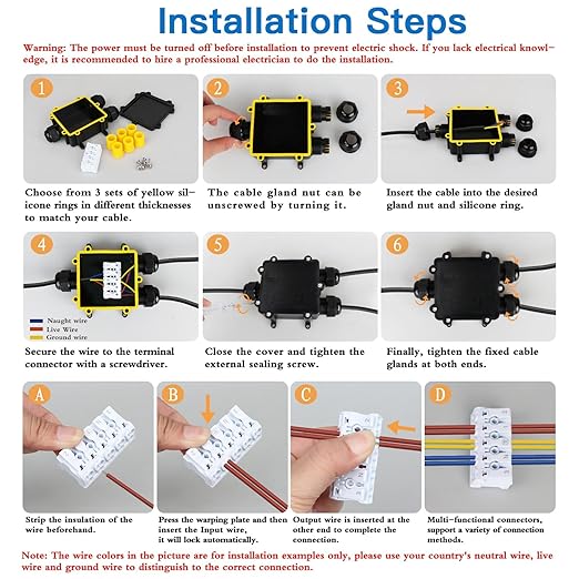 Helunsi 2 Pcs Waterproof Junction Box 3 Way, IP68 External Waterproof Electrical Junction Box, Black Underground Junction Box Outdoor Cable Connector, for Diameter 5mm -14mm Wire Gland (Larger)