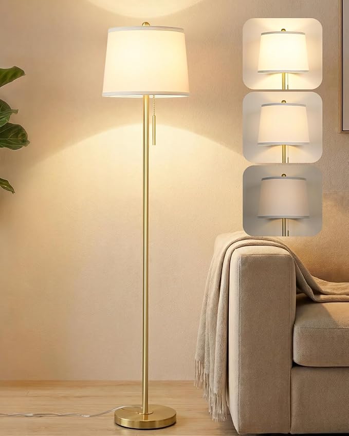 Gold Floor Lamps for Living Room, 63in Modern Standing Lamp 3 Way Brightness Dimmable with White Linen Shade Metal Base Tall Pole Light for Bedroom Reading Office Corner Nursery 8W LED Bulb Included