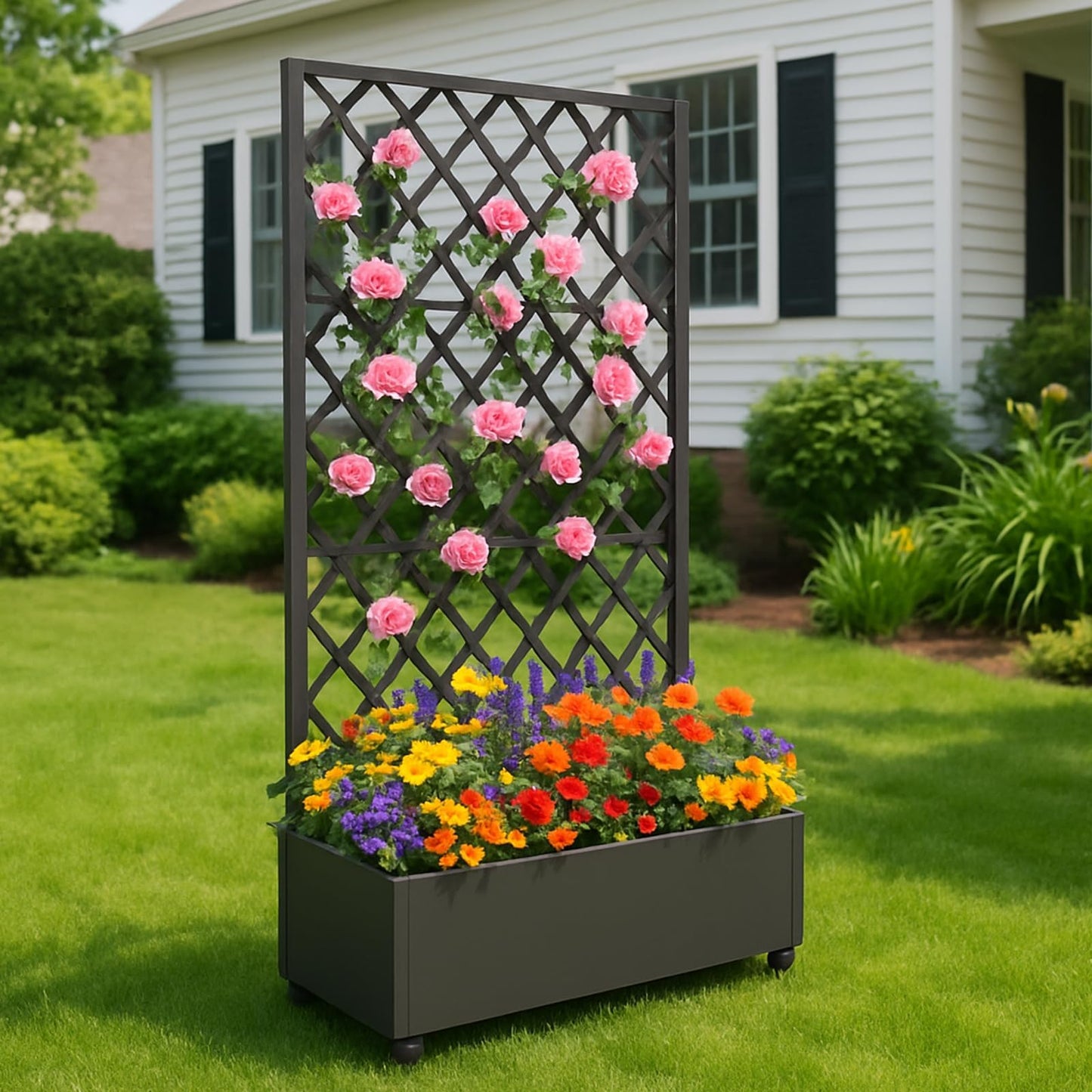 IDEALHOUSE 72"x47" Galvanized Raised Garden Bed with Diamond Trellis, 12" Deep Planter Box on Locking Wheels, Drainage Holes for Climbing Plants, Flowers, Patio, Balcony & Small Spaces, Black