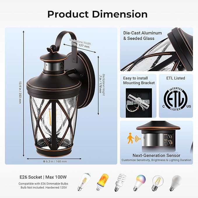 VIANIS Motion Sensor Outdoor Porch Lights, Modern Dusk to Dawn Exterior Wall Light Fixtures, Oil Rubbed Bronze Gold Trim Wall Lanterns for Garage, Waterproof Coach Lights with Adjustable Sense Range