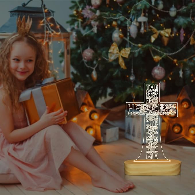 Jesus Cross 3D Night Light, Christian Gifts for Boys Girls, Christmas Gift Warm White Wooden Handmade, The Lord Desk Lamps Room Home Decor Xmas Birthday Easter Cross Gifts