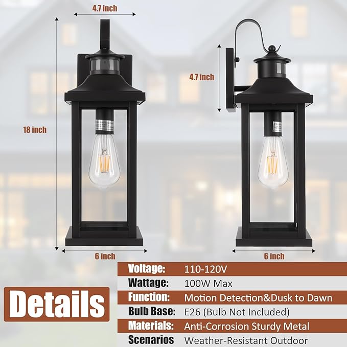 1-Pack 18 Inch Motion Sensor Front Porch Light IP65 Waterproof, Large Black Dusk to Dawn Outdoor Wall Lighting for House Exterior Light Fixture Clear Glass Garage Coach Light, E26 Bulb Base