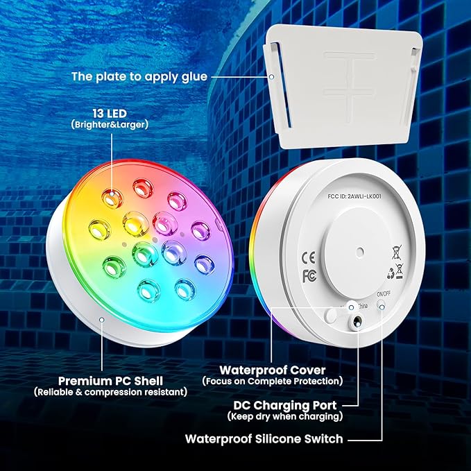 LOFTEK Pool Lights, Rechargeable Submersible LED Lights with Remote, IP68 Waterproof, 16 Colors Underwater Pool Light for Above Ground Inground Pool, Hot Tub, Shower, Bathub, Party, Vase, 1 Pack
