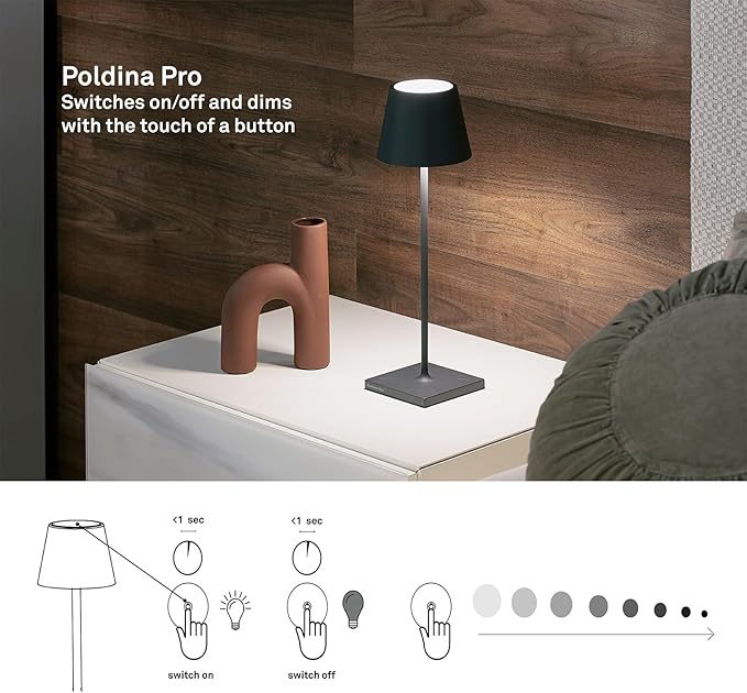 Zafferano, Poldina Pro Lamp, Rechargeable Cordless Table Lamp with Touch Controls, Suitable for Indoor and Outdoor, Dimmer, 2200-3000 K, Height 14.9 Inches, Red Color