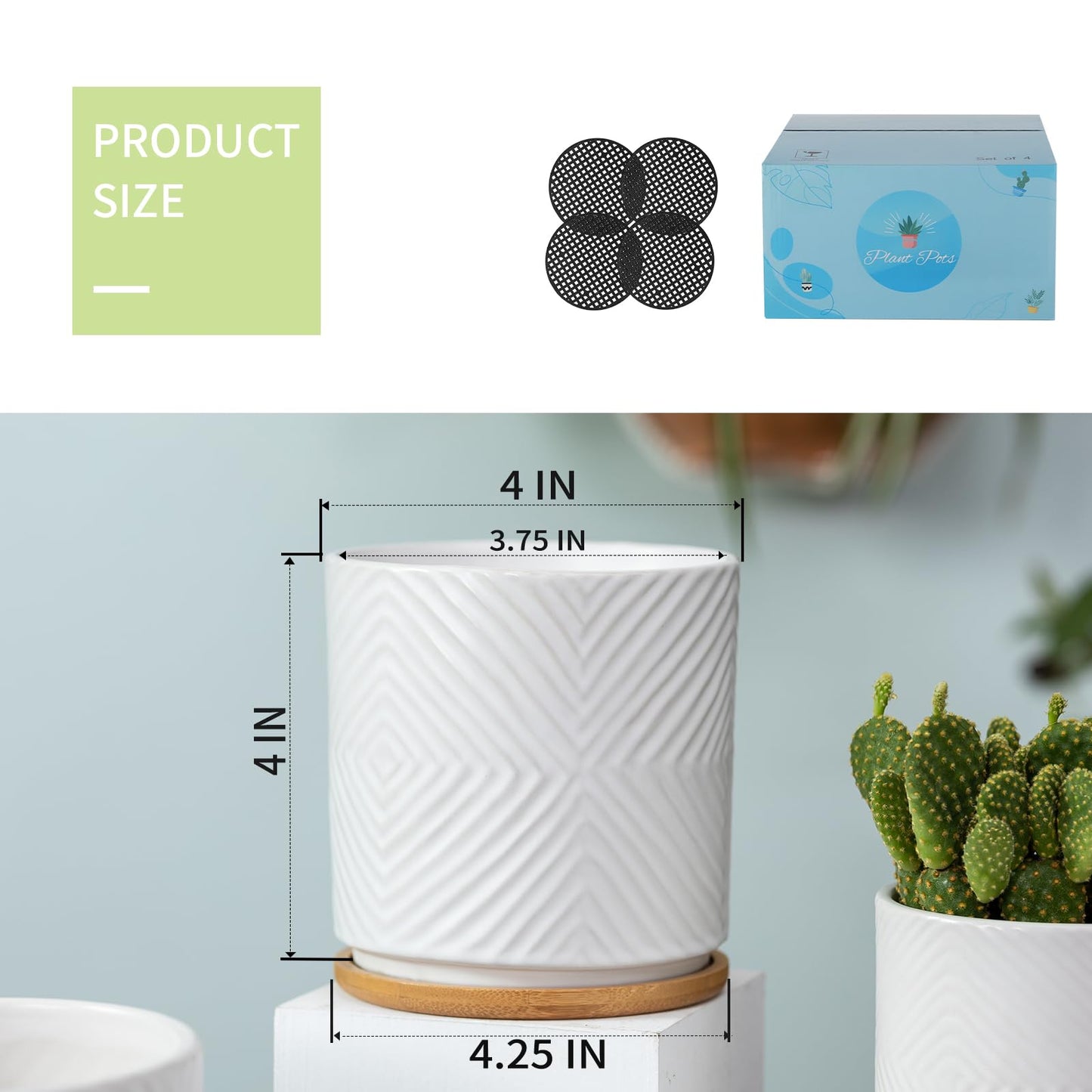 4 Inch Ceramic Planter with Drainage Hole and Saucer, Geometry Design Succulent Plant Pots, Flower Pot for Indoor & Outdoor Snake Plant Succulent Cactus & Herbs, Set of 4 (Plants Not Included )