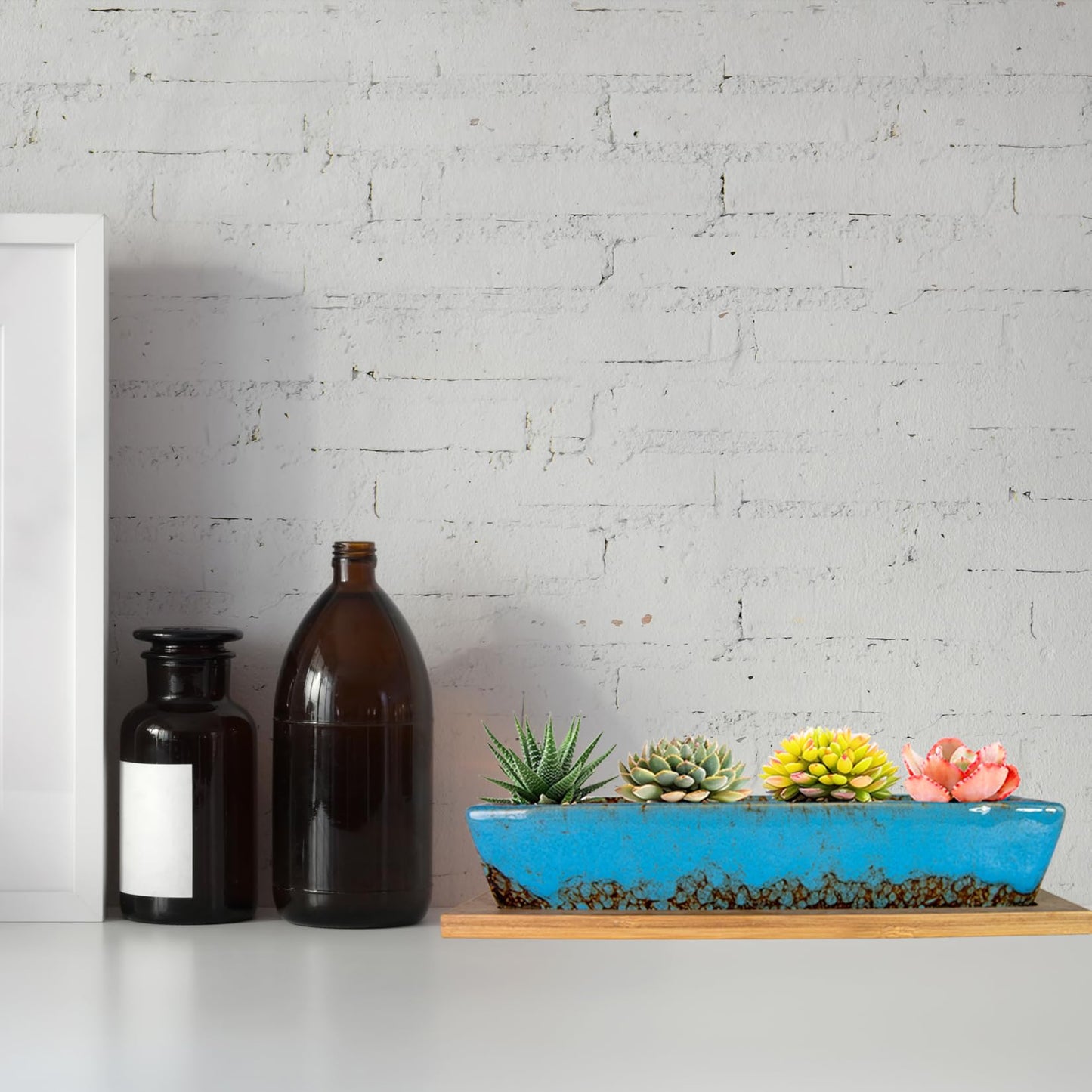 ARTKETTY Succulent Pots - Long Rectangle Succulent Planters with Drainage Tray, Window Sill Planter, Ceramic Pots for Indoor Cactus Plants Shallow Bonsai Window Box for Home Garden Decor