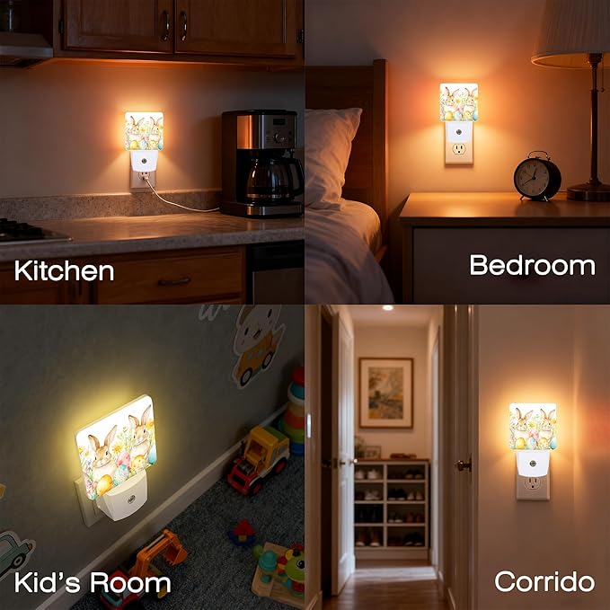 Easter Bunny Eggs Night Light for Kids,Dusk-to-Dawn Auto Sensor Happy Easter Floral Plug in Night Light,0.5W Energy Saving Non-Toxic for Bedroom/Bathroom,Ideal Gifts for Women Men