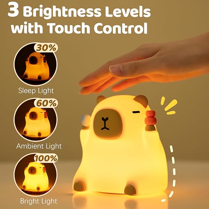 Capybara Night Light for Kids, Capybara Squishy Lamp, 3 Level Dimmable Nursery Nightlight with Timer, Rechargeable Cute Animal Night Light for Baby, Bedroom Decor