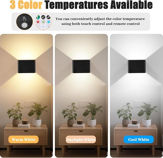 Motion Sensor Wall Sconces Indoor Set of 4, 6000mAh Wireless Rechargeable Battery Operated LED Wall Sconce Up & Down with Touch & Remote Control, Battery Powered Magnetic Wall Lamps with 3CCT, Black