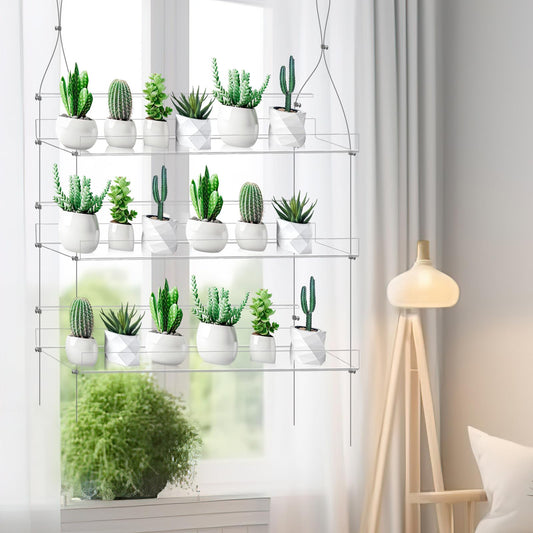 Ziliny 2 Pcs 28 Inch 3-tier Clear Hanging Window Plant Shelves Acrylic Height Adjustable Plant Stand Hanger Flower Pot Organizer Storage for Indoor Window Wall Garden Grow Herb Succulent