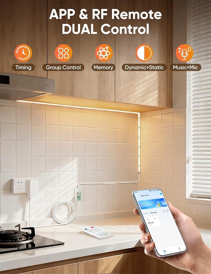 COB LED Strip Lights 4000K Natural White Music Sync Bluetooth LED Lights with DC24V Adapter Remote Smart App Control 16.4ft/5m CRI90+ Touchable LED Rope Lights for Bedroom Kitchen DIY Decor
