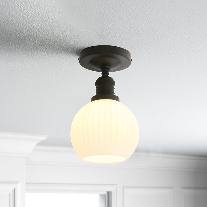 Industrial Globe Semi Flush Mount Pendant Ceiling Light with White Glass Lampshade, Vintage Close to Ceiling Light Fixture for Porch, Hallway, Entryway, Kitchen, Bedroom, Hotel
