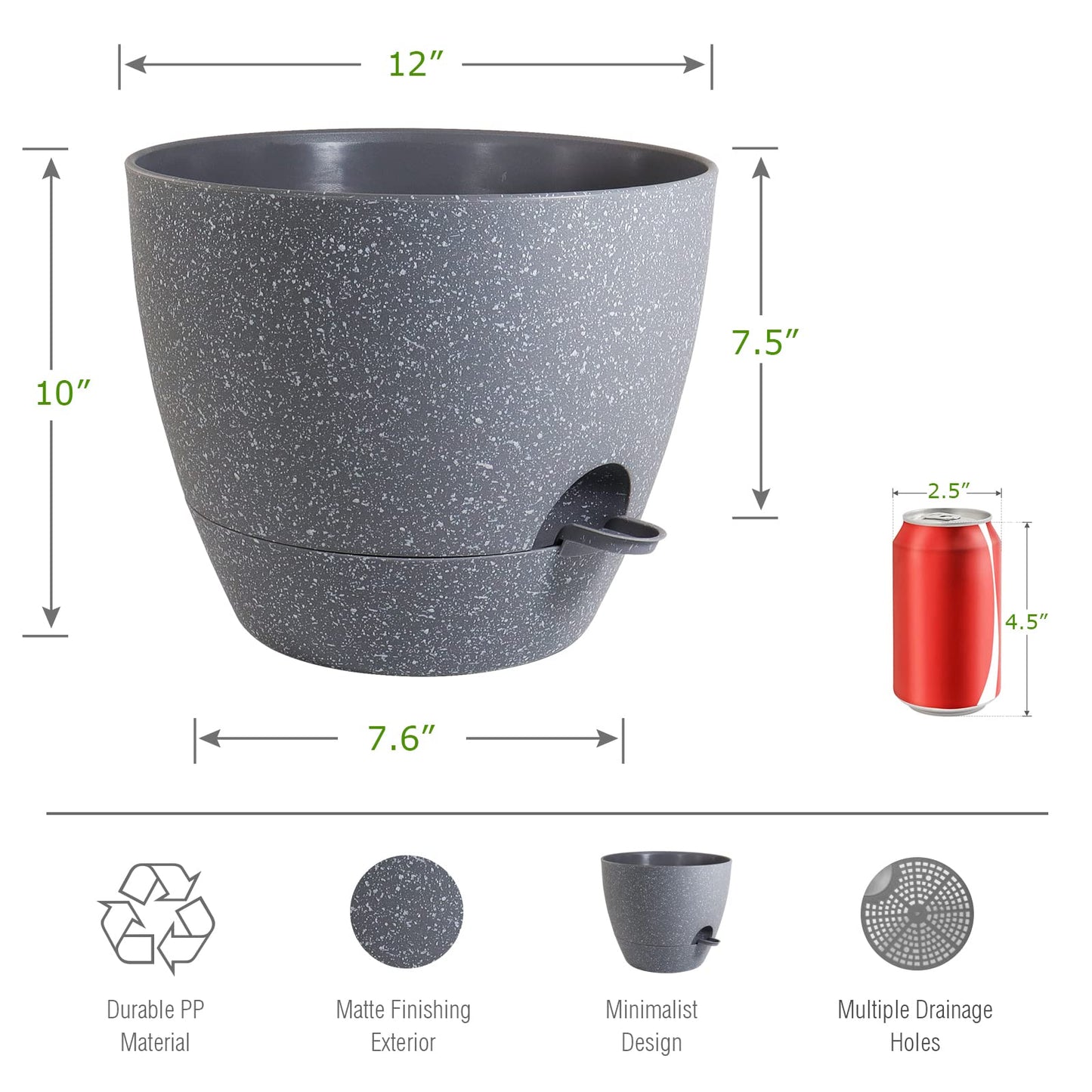 UOUZ 12inch 2Pack Large Self Watering Planters, Plastic Plant Pots with 60oZ Removable Deep Reservoir and Multi Mesh Drainage Holes for Indoor Outdoor Garden Plants and Flowers, Grey Speckles