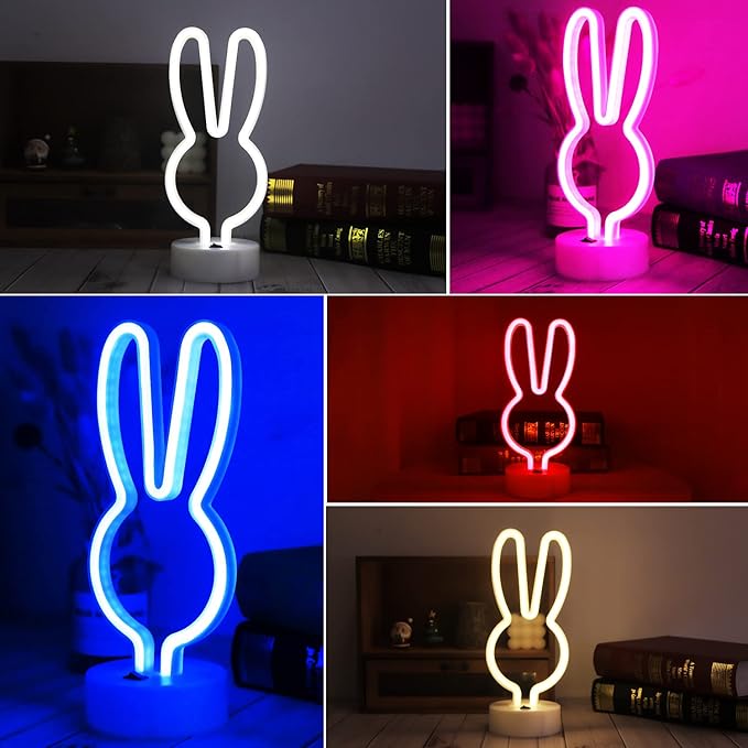 Easter Decorations Neon Signs, Creative Bunny Lights with Base - Battery/USB Operated Rabbit Stuff for Home, Nursery Room, Kids Bedroom, Spring Decor (Pink)