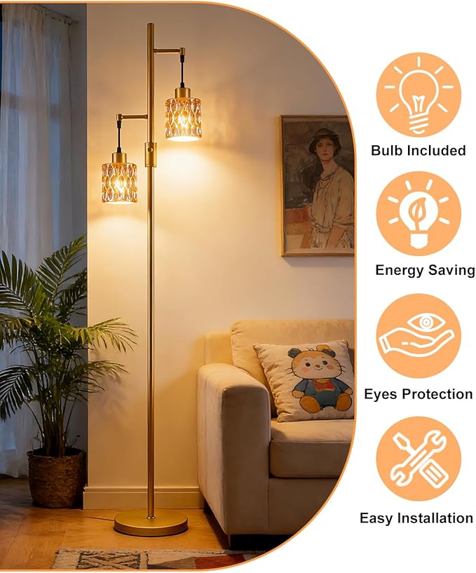 2-Light Gold Floor Lamp, 65IN Tall Standing Lamps Dimmable with Brown Glass Lampshade, 3000K Warmwhite Mid Century Modern Floor Lamp for Living Room/Bedroom