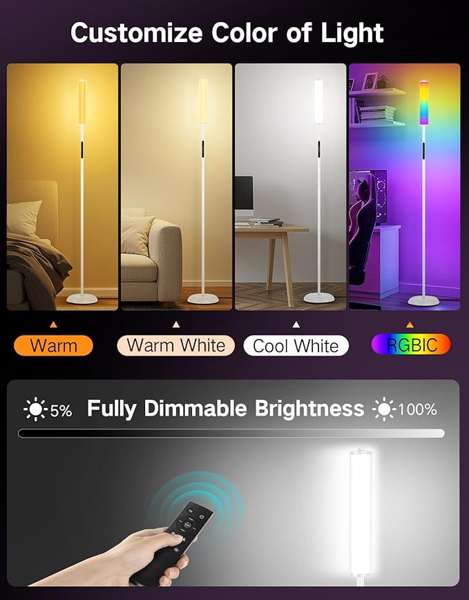 OUTON LED Floor Lamp with Remote & APP Control, 1500LM Ultra Bright Tall Standing Lamp, 16 Million Colors, 32 Scene Modes & Music Sync, Modern Corner Lamps for Living Room, Bedroom, Gaming, White