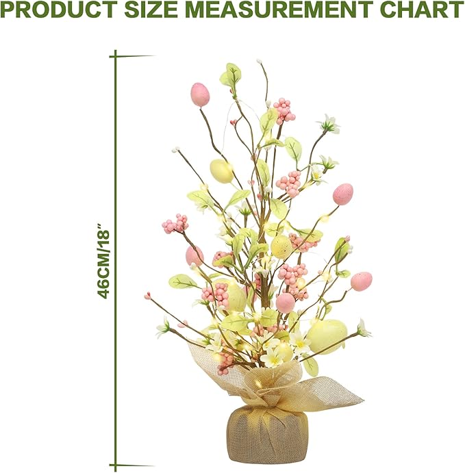 RoseCraft Easter Decorations, 18 Inch Pre-Lit Easter Egg Tree Tabletop Decor with Delicate Ornaments, for Home Party Wedding Holiday Spring Summer Decoration, Yellow/Pink.