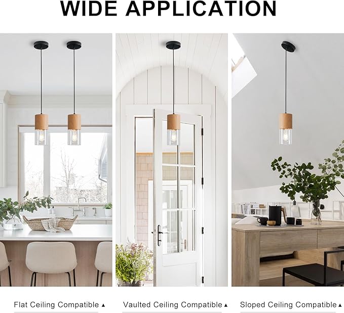 2-Pack Modern Pendant Lights for Kitchen Island, Adjustable Pendant Light Fixtures with Raw Wood Grain, Industrial Clear Glass Pendant Lights for Dining Table Hallway Bedroom Living Room
