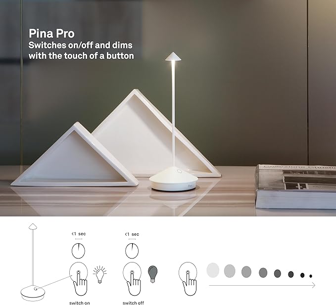 Zafferano, Pina Pro Lamp with Glossy Gold Finish, Rechargeable Cordless Table Lamp with Touch Controls, Usable as an Indoor Lamp, Dimmer, 2200-3000 K, Height 11.4 Inches