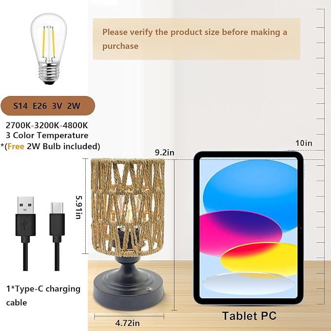 Set of 2 Cordless Rechargeable Table Lamps Night Light Desk Lamp, Battery Operated Farmhouse Table Lamp Boho Rattan Shade w/Blub Stepless Dimmable for Outdoor Patio Living Room Bedroom